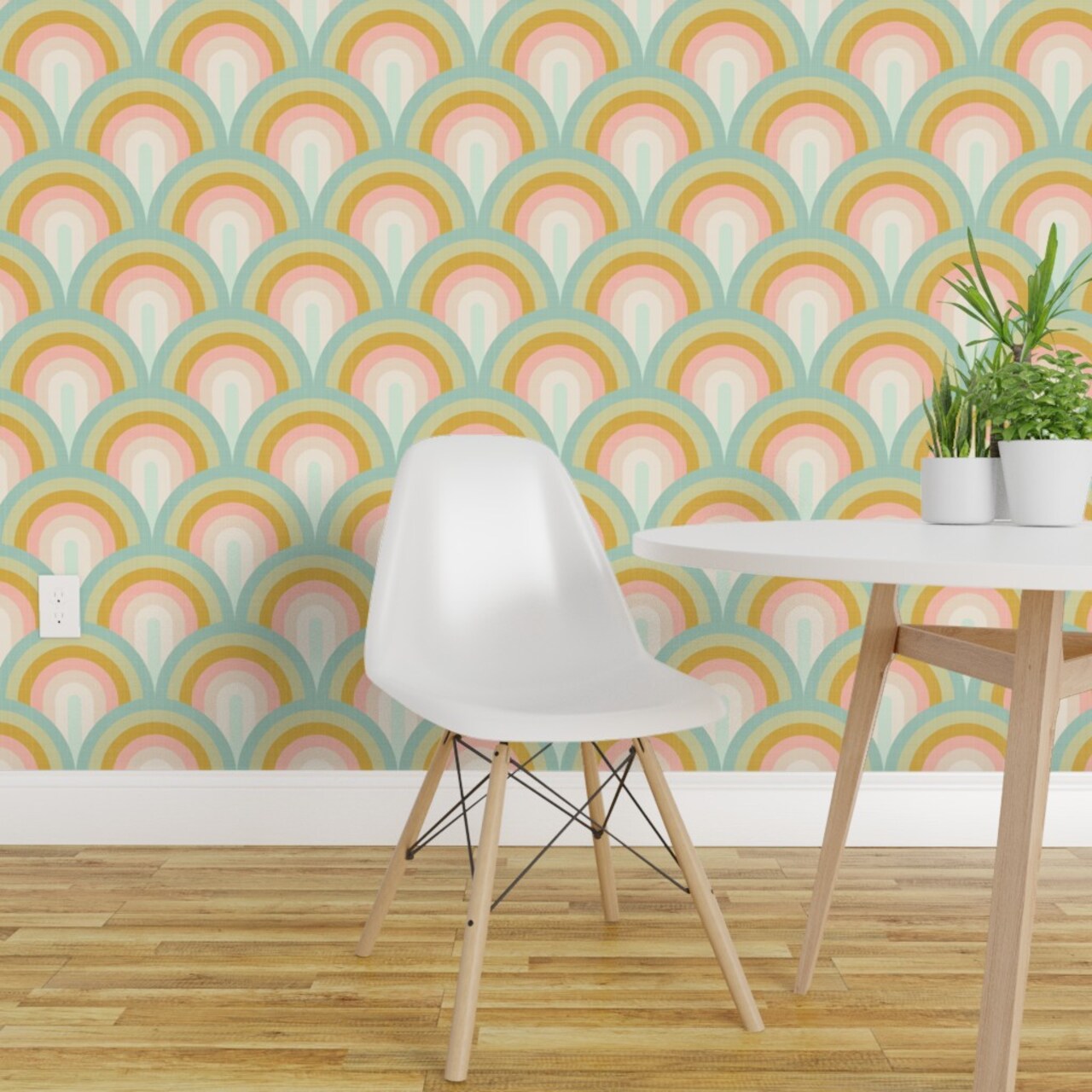 Non-Pasted Wallpaper 2FT Wide Boho Rainbow Scallop Minimalist Modern Geometric Art Deco Warm Pastel Soft Gold Blush Pink Aqua Mint Traditional Wallpaper by Spoonflower